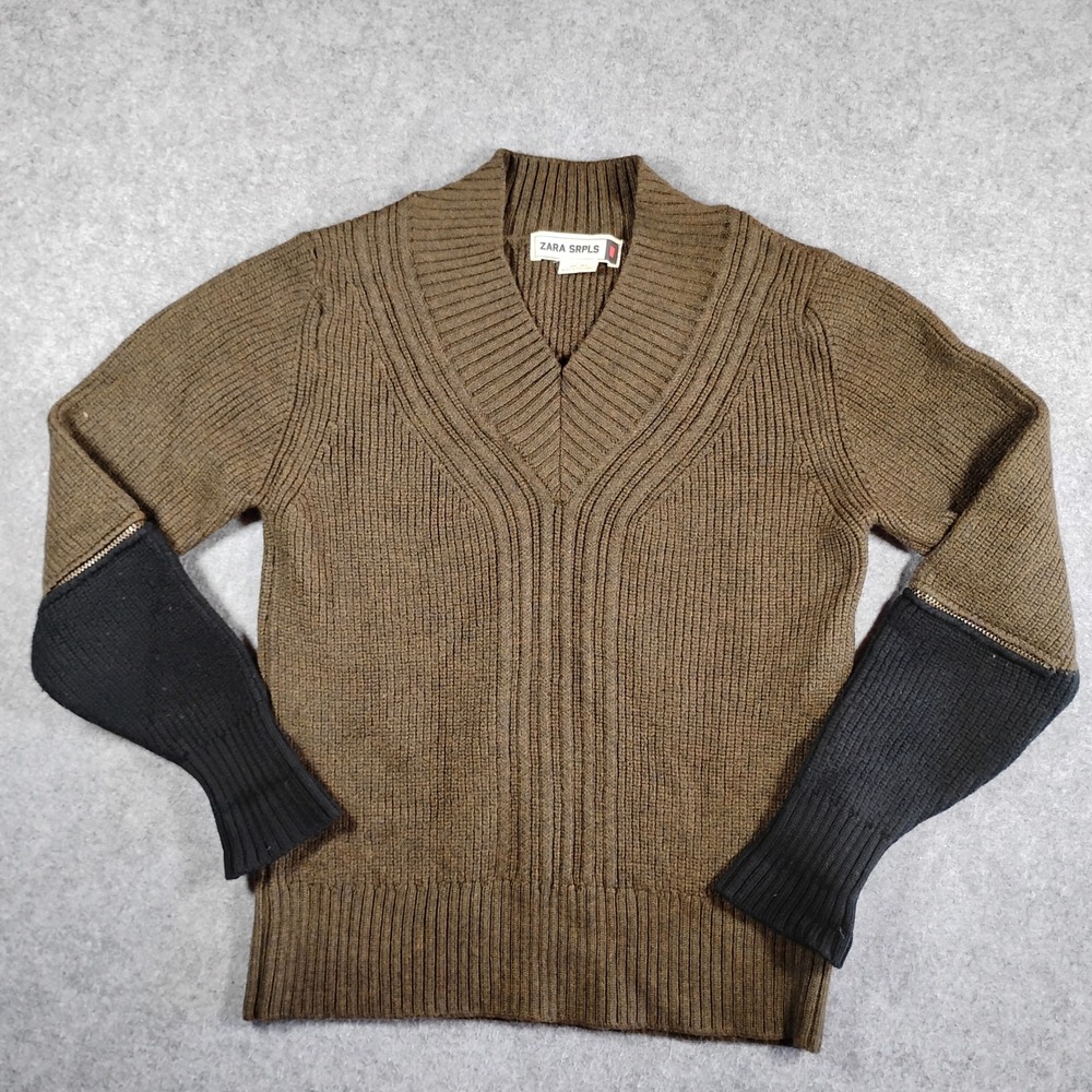 Zara SRPLS Military Ribbed Knit V-Neck Sweater Olive Green Black Zipper Sleeve M